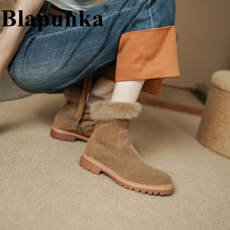 

Blapunka Women Cow Suede Leather Boots Top Quality Warm Real Rabbit Fur Round Toe Zipper Snow Boot Woman Nude Warm Plush Shoe 40