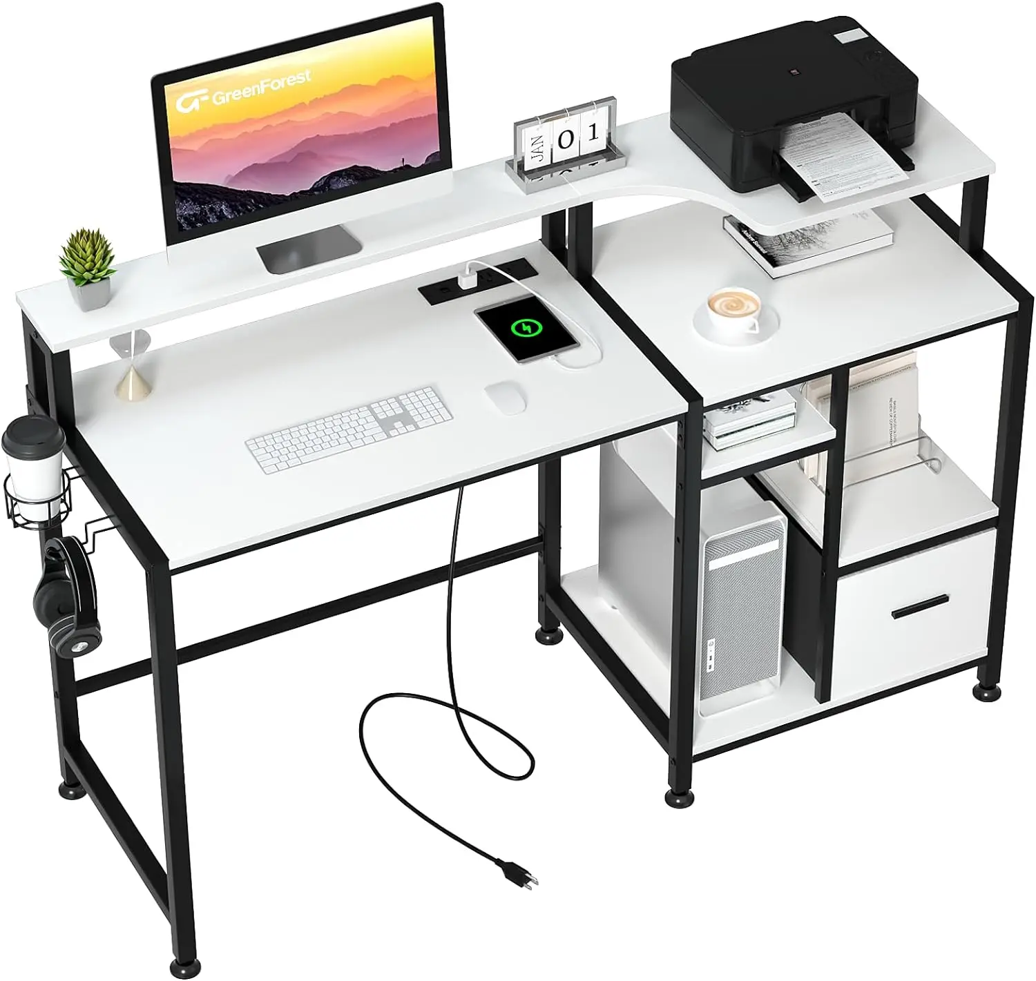 GreenForest Computer Desk with Drawers and Power Outlet, 55 inch Office Desk with Printer Shelf Monitor Stand, Work Desk with