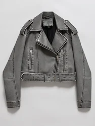 Vintage-Style Women's Faux Leather Biker Jacket - Retro Chic Streetwear with Zipper and Belt - M (Grey)