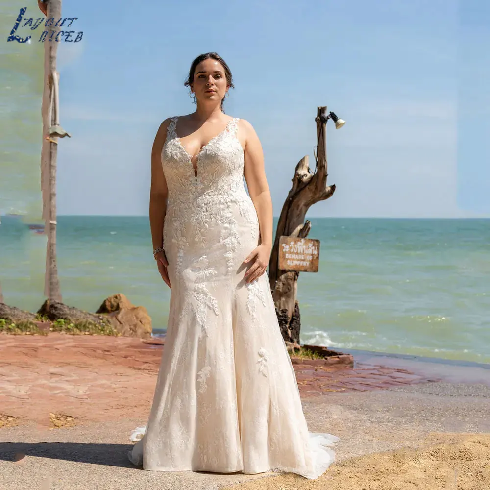 

LAYOUT NICEB High Quality Plus Size Wedding Dresses Elegant Mermaid Appliques Bride Gown Lace Sleeveless V-Neck Vestido De Noiva