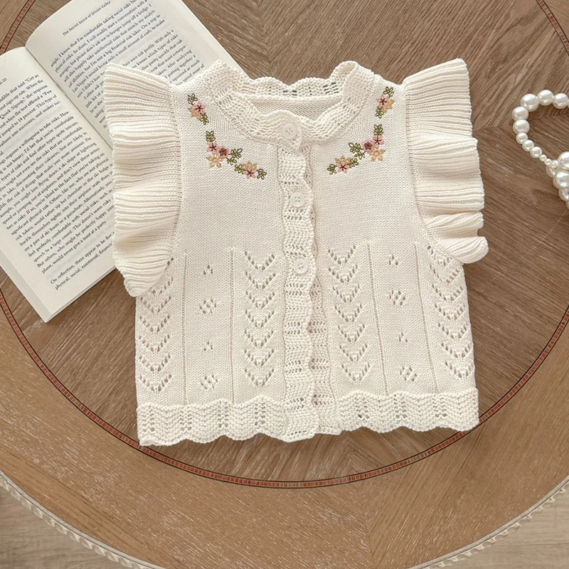 2025년 신상 가을 0-3세  여아 민소매 꽃 자수 니트 가디건 코트  여아 니트 조끼