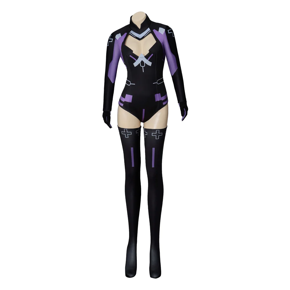 

Hyperdimension Neptunia Neptune Cosplay Costume Neptune Black Purple Heart Bodysuit with Gloves Women Halloween Sexy Jumpsuit