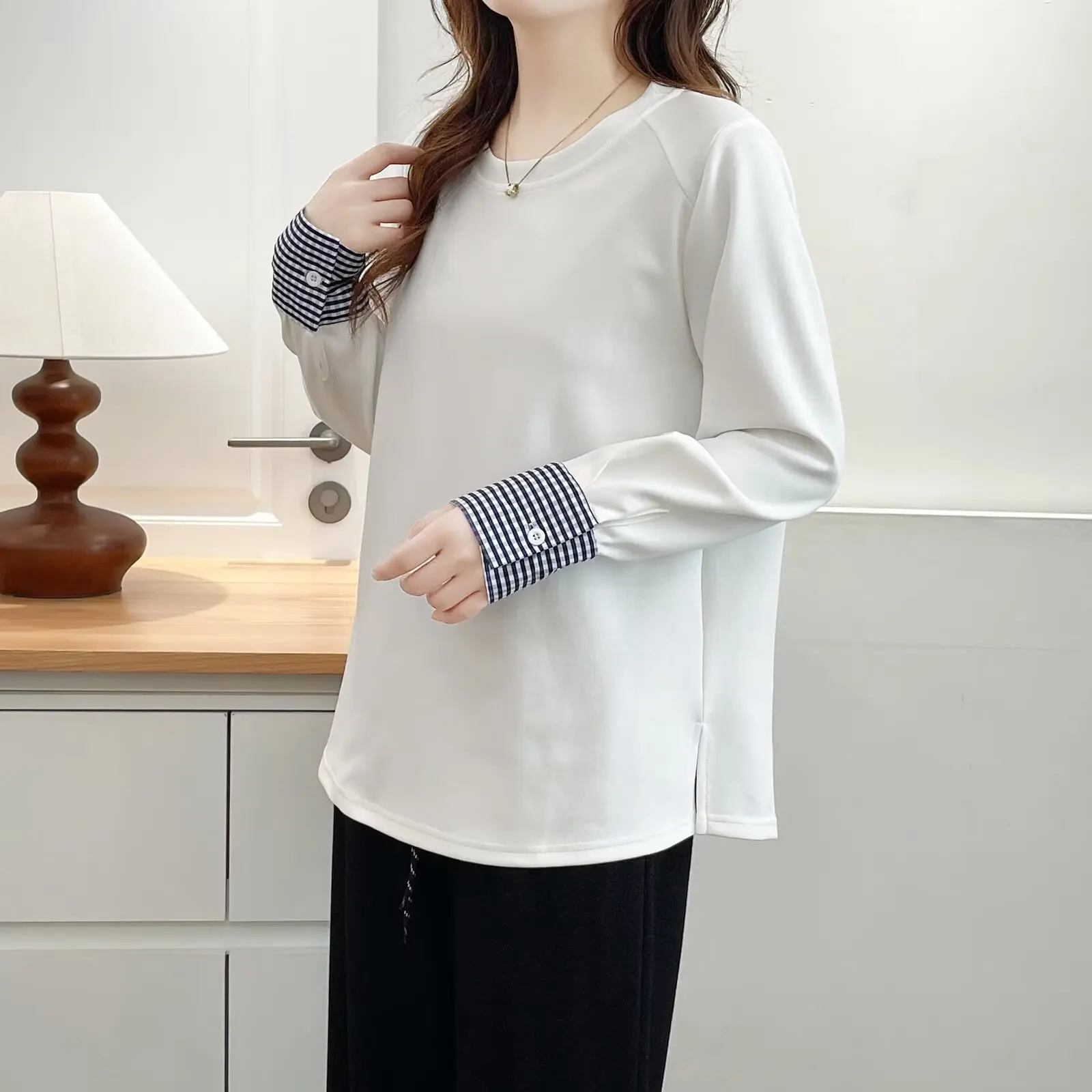 Fashion Plus Size Women's Hoodies Autumn New Style Cuffs Plaid Patchwork Long Sleeve Sweatshirt 2524