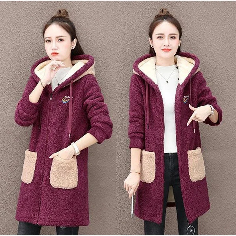 Autumn Winter Mid-Length Hooded Coats with Pocket Autumn Winter Warm Casual Coats Sweatshirts New Plush Thick Lamb Velvet Jacket