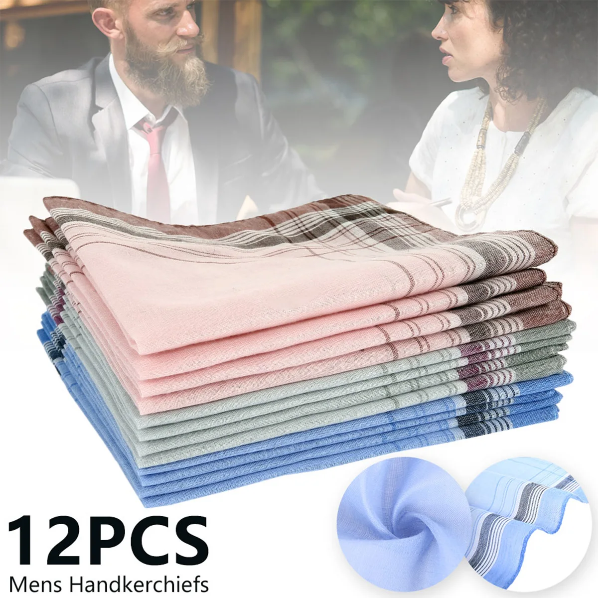 Lenço Xadrez Multicolor para Homens e Mulheres, Bolso Quadrado De Algodão, Listra Quadrada, Toalha Peito Clássica, Festa de Casamento, Negócios, 12Pcs