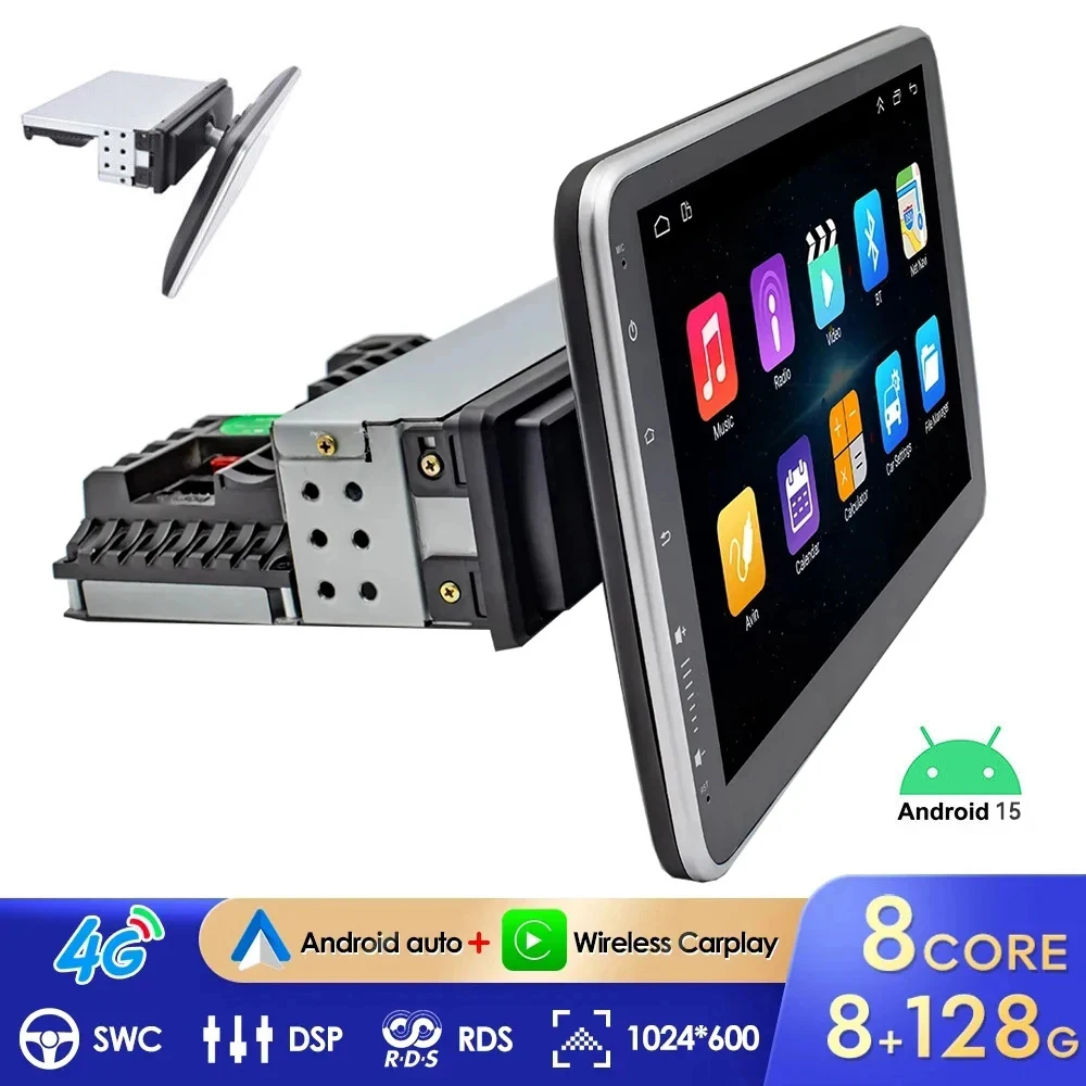 Android 15 10.1 Inch Universal Single 1 Din 360° Rotatable Car