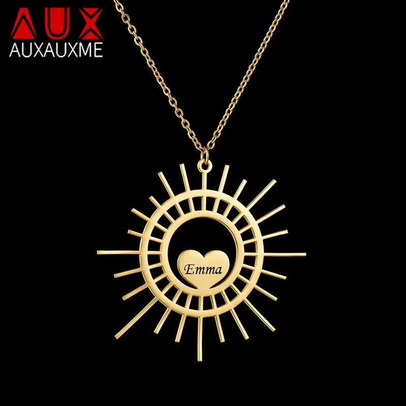 

Auxauxme Custom Sun Heart Necklace Personalized Stainless Steel Laser Engrave Nameplate Choker for Women Jewelry Gifts