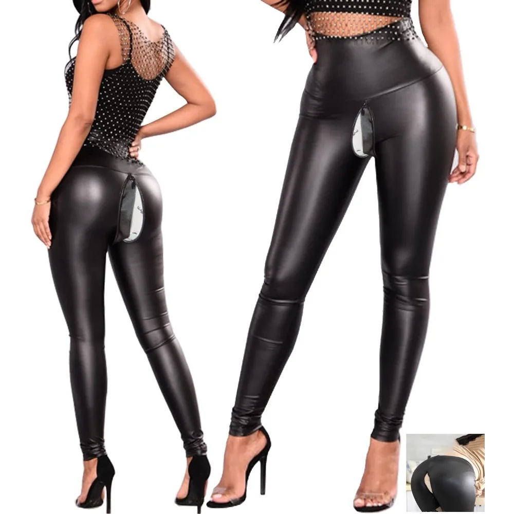 Invisible Open Crotch Outdoor Sex Pants Women High Waist Pull Pleather Pants Faux Leather Full Leggings Night Club Show Trousers