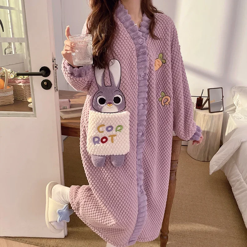 Women's Autumn Winter Coral Fleece Long Robe Morning Gowns Cartoon Anime Embroidered Bathrobe Fleece-lined Thick Thermal Pajamas