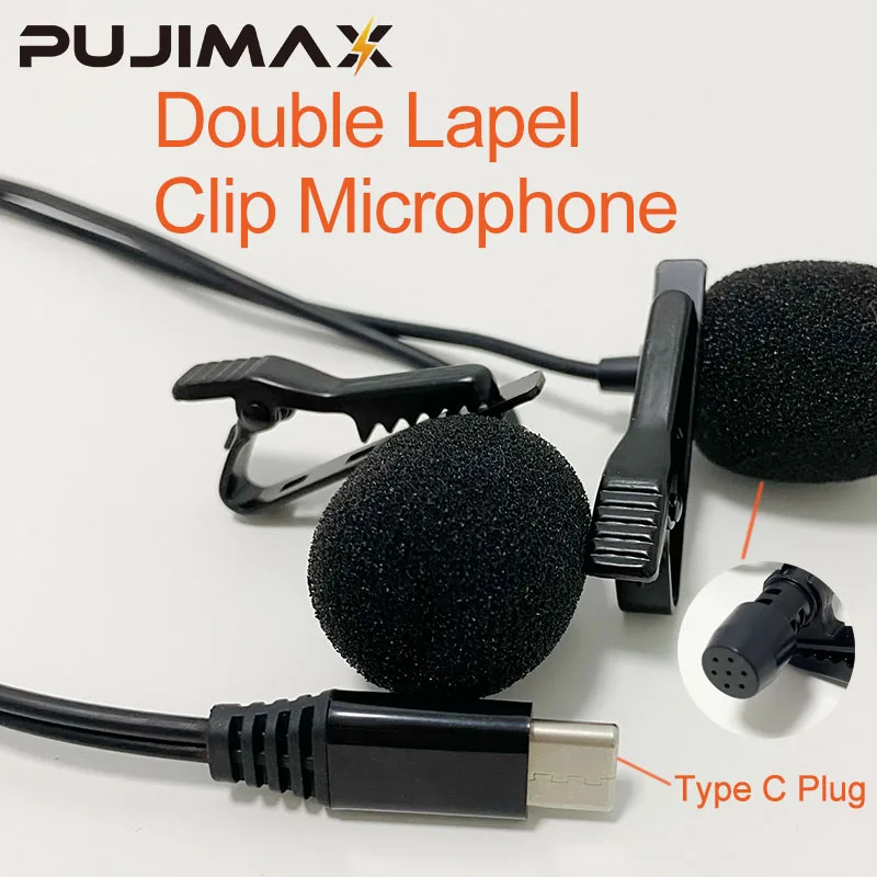 PUJIMAX Portable Lavalier Dual Microphone Type C Hands-free Cord Line Omnidirectional Microphone For for Mobile Phone Conference