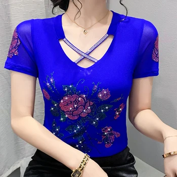 매드블랙 여름 섹시한 브이넥 반팔 티셔츠, 반짝이는 핫 드릴 여성 슬림 더블 레이어 메쉬 탑, 유럽 의류, TeesT34618C