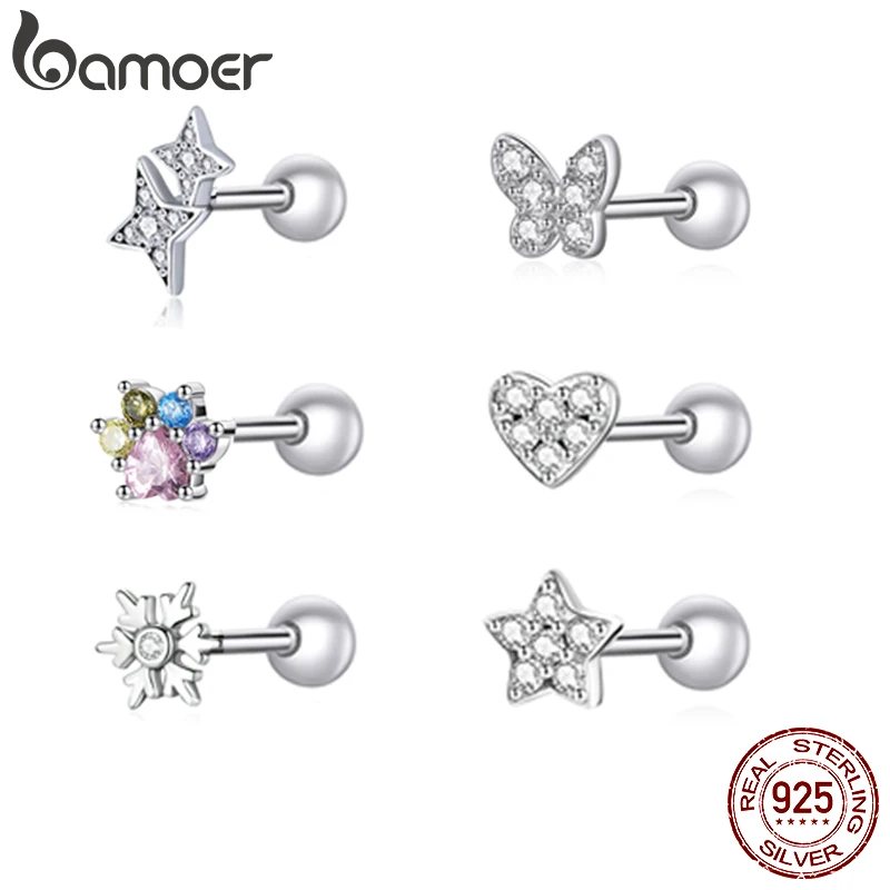 Silver Earrings 925 Sterling Silver Brilliant Star Earrings Women Tiny Butterfly Stud Earrings Snowflake Girl Ear Studs Fine Jewelry