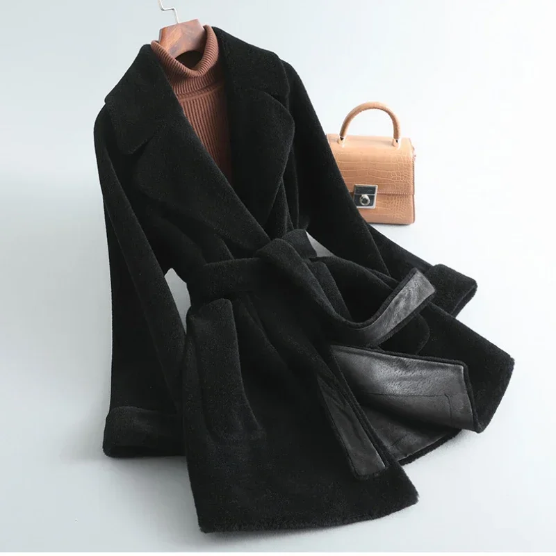 

New Winter Fur Coat Women Wool Fur Jacket Korean Mid-length Belt Wool Fur Jackets Casual Sheep Shearing Coat Chaquetas Mujer Zm