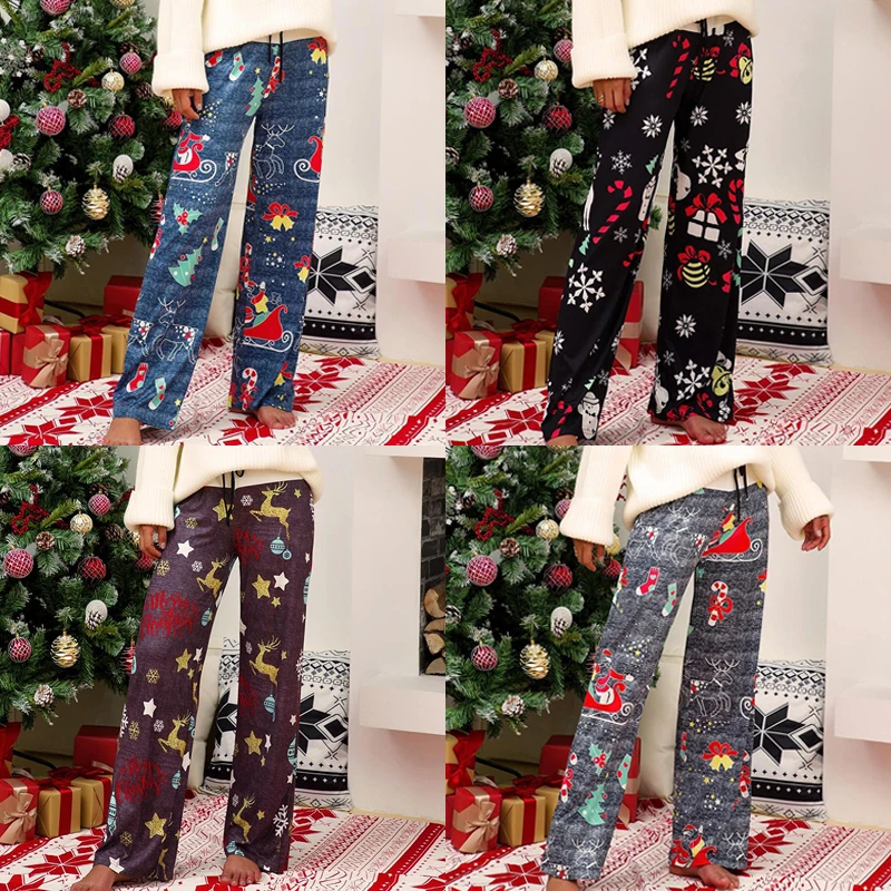 Women Christmas Printed Pants Lady Fashion Casual Sweatpants Female Loose Bottoms Trousers Santa Claus Straight-leg Pants