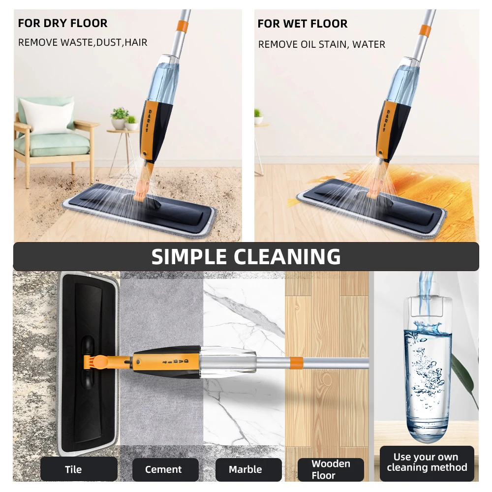 DARIS Spray Floor Mop with Reusable Microfiber Pads 120cm Long Handle Flat Mop For Home Kitchen Laminate Tiles Floor Cleaning images - 6