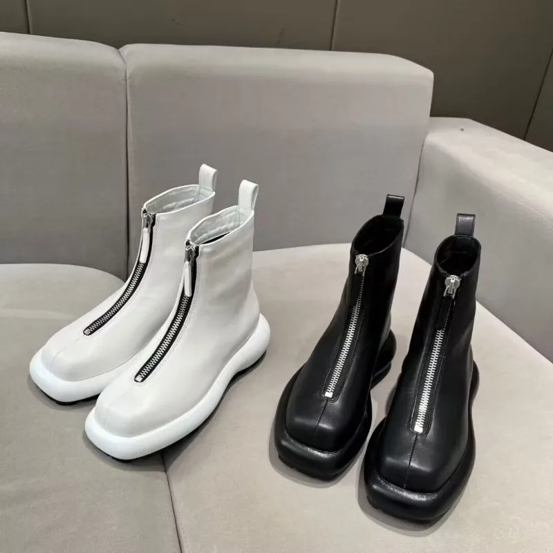 

European Front Zipper Thick Sole Raised Sponge Cake Women's English Style Genuine Leather Short Boots