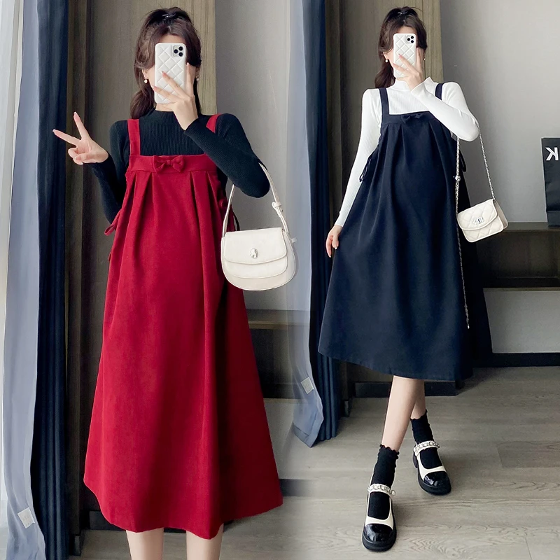 New Year Maternity Dress Red Strap Dress with Bow Plus Size Pregnant Woman Party Sleeveless Pregnancy A-line Dresses womens dresses