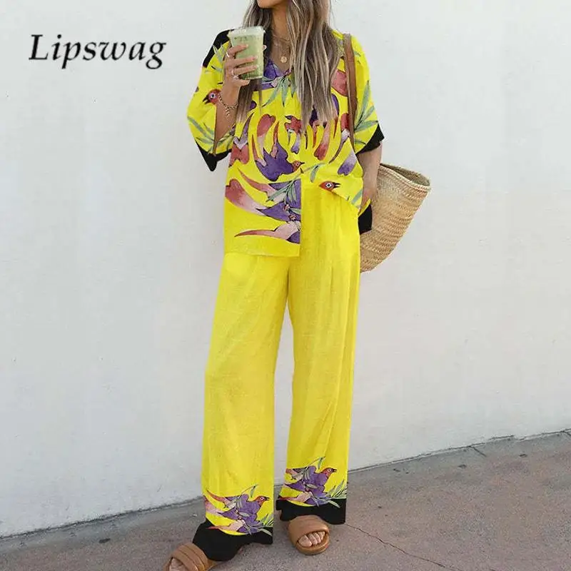 

Autumn Print Two Piece Set for Women 2024 Half Sleeve Shirts Straight Pants Set Casual Retro Cotton Linen Long Pants Holiday Set