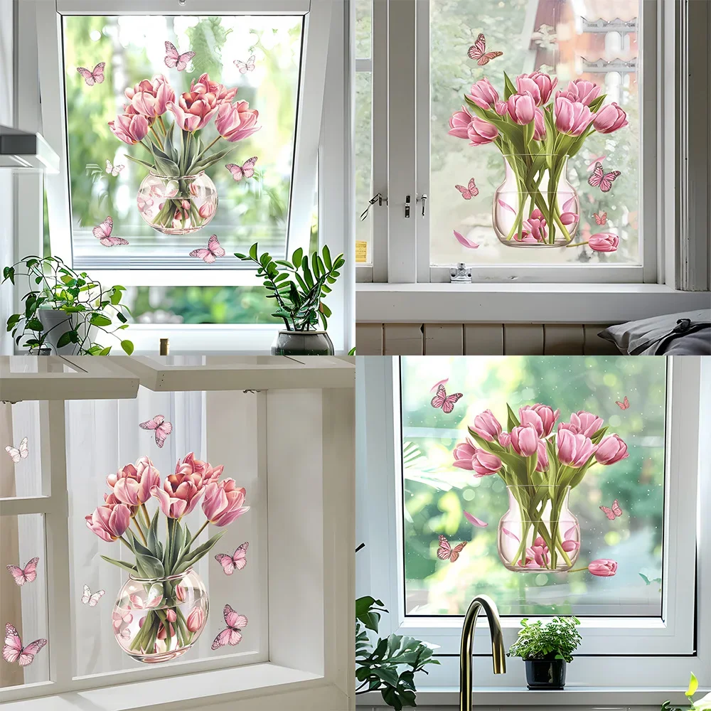 1PCS Vase Tulip Butterfly Glass Window Home Decoration Electrostatic Uv Window Sticker Room Decor