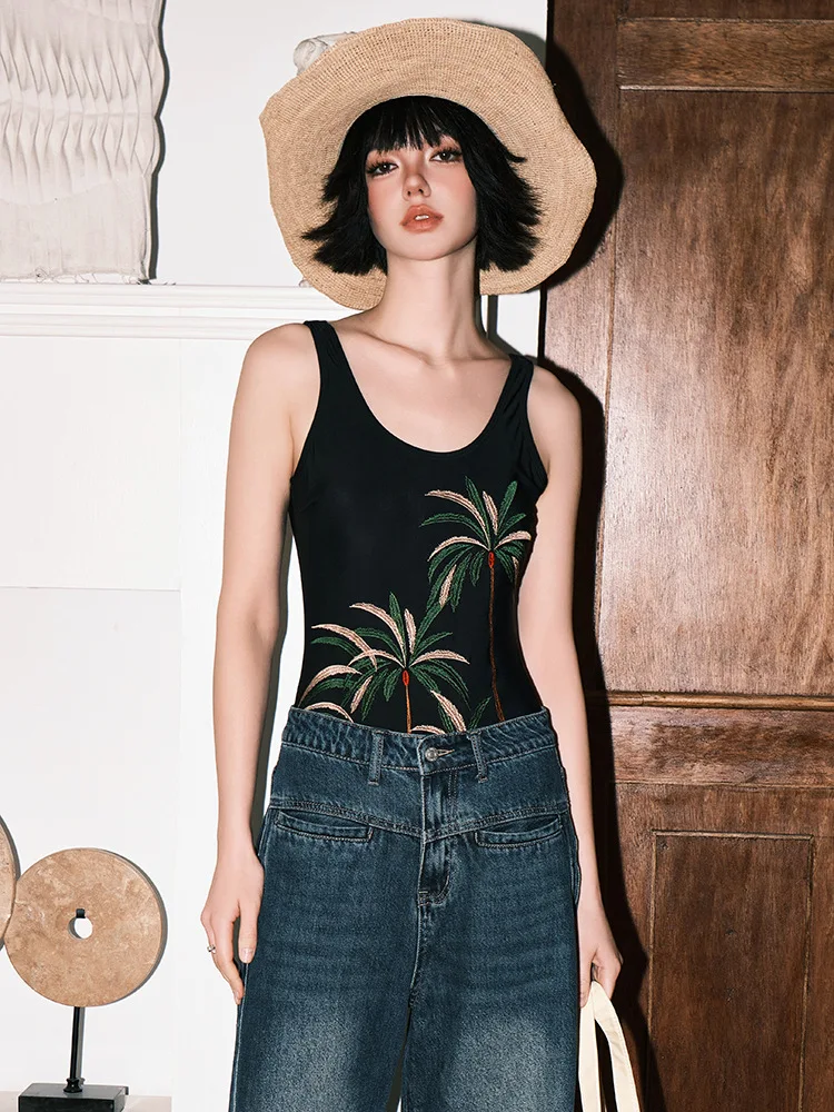SUNSIREN Sexy Black One-Piece Swimsuit Women Coconut Tree Embroidery Beach Wear Y2K Backless Bathing Suit 2024 Summer Swimwear