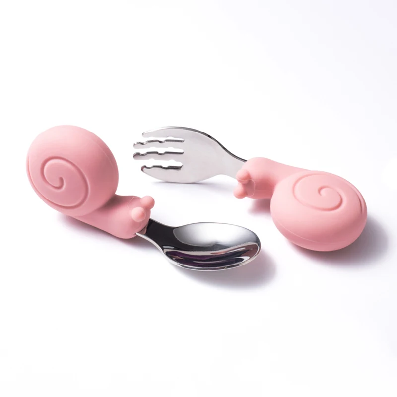 Portable Baby Stainless Steel Spoon Fork with Soft Silicone Handle, Self-Feeding Training Utensil for Kids Toddler (Cartoon)
