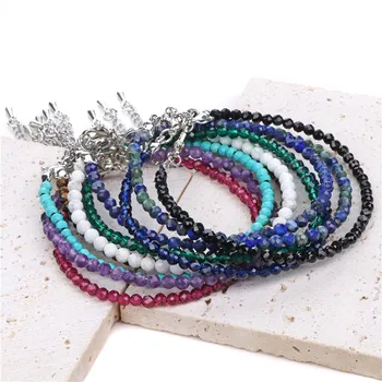 3MM Beads Bracelets For Women Men Faceted Natural Stone Braided Bracelet Silvery Chain Amethysts Lapis Lazuli Tiny Wristbands