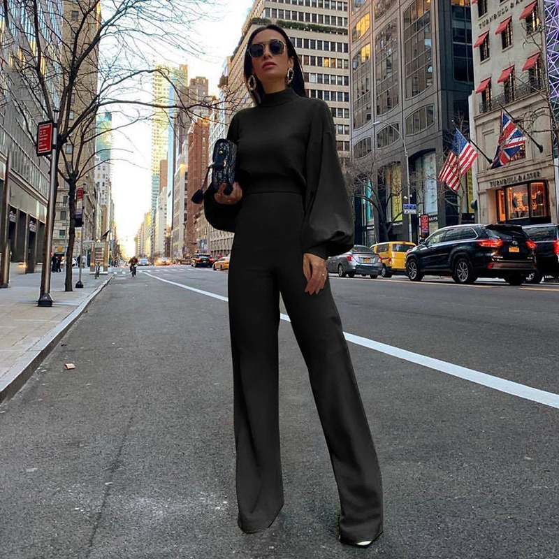 Jumpsuit Women Elegance Turtleneck Bodysuit Pantsuit High Waist Female Jumpsuits Long Sleeve Backless Overalls 2023 White Black