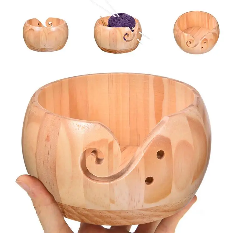 QJH Wooden Yarn Bowl Knitting Yarn Bowls with Holes Crochet Bowl Holder  Handmade Yarn Storage Bowl for DIY Knitting Crocheting