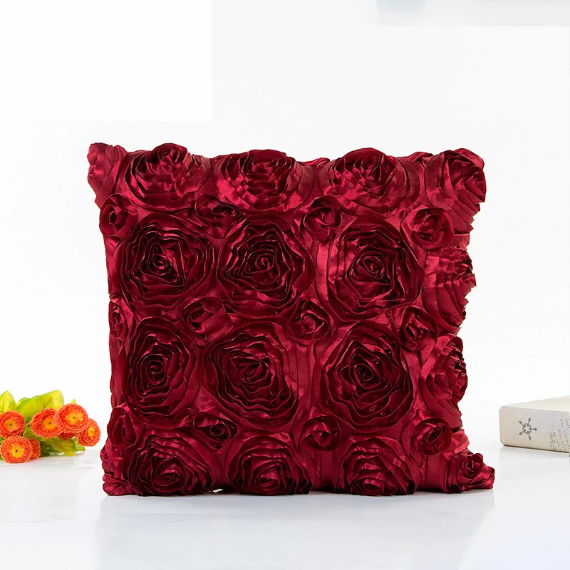 40*40CM  Fancy Wedding Gift Cushion Cover Hugging Pillow Cover 3D Rose Flower Hotel Soft Red Cushion Cover 3