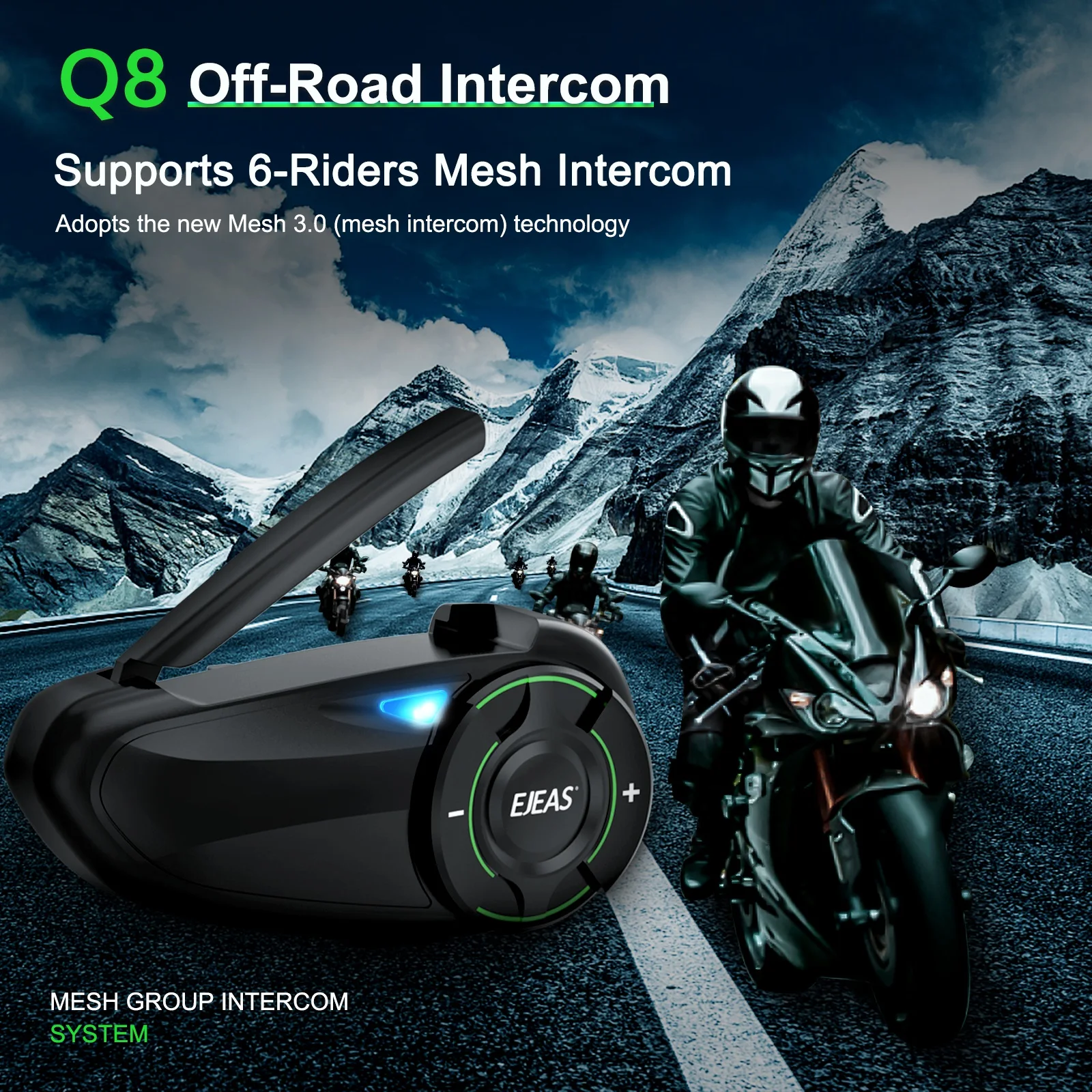 EGuitar-Interphone moto AS Q8, BT5.1, IP67, interface de charge de type C, 1/2 adopte la nouvelle technologie Mesh3.0 pour prendre en charge la commutation de canaux