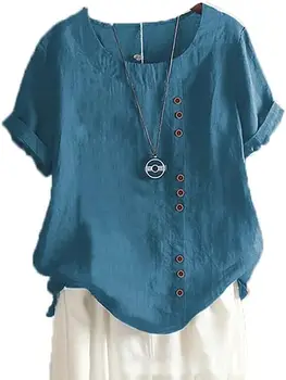 Camicia a tunica estiva a maniche corte allentata casual in cotone e lino con stampa floreale blu da donna senior 1