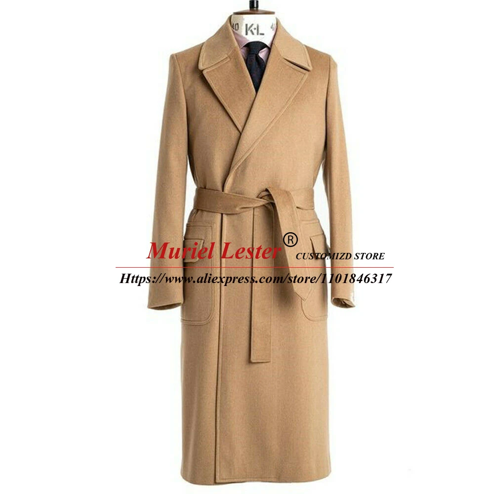 

Khaki Suit Jacket Men Slim Fit Tweed Wool Blend Trench Coat Long Tailored Made Double Breasted Overcoat Groom Wear Blazer Tuxedo