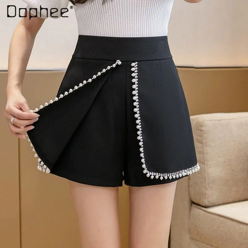 Oversize Popular Heavy Industry Beads Casual Shorts Women's High Waist Loose Wide Leg Pants Fashionable with Side-Slit Culottes