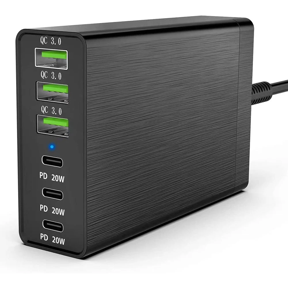 

96W 6-Port Desktop USB Charging Station with 3 USB-C Ports and QC3.0 Ports, PD 20W Fast Charger EU Plug