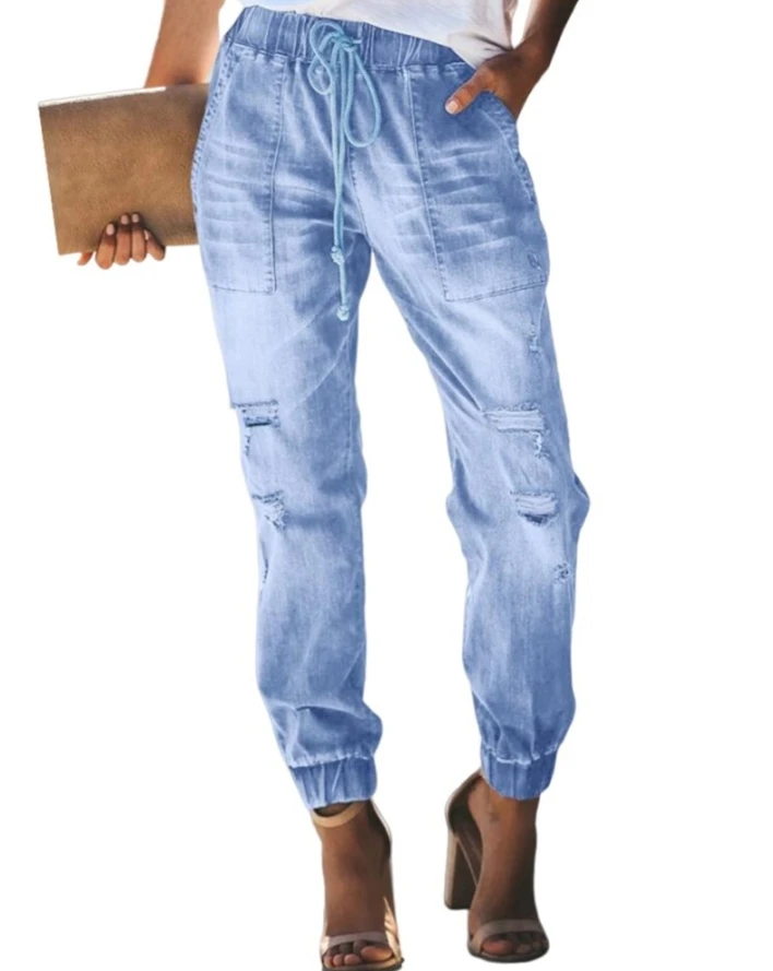 Women's Short Jeans 2024 Spring/Summer New Drawstring Split Pocket Design Harlan Long Pants with Holes Short Jeans