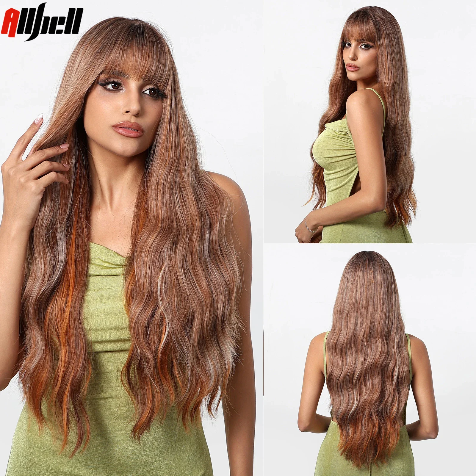 

Synthetic Ombre Brown Wig with Bangs Long Body Wavy Mixed Blonde Ginger Orange Wigs with Natural Bangs for Women Hair 26inch