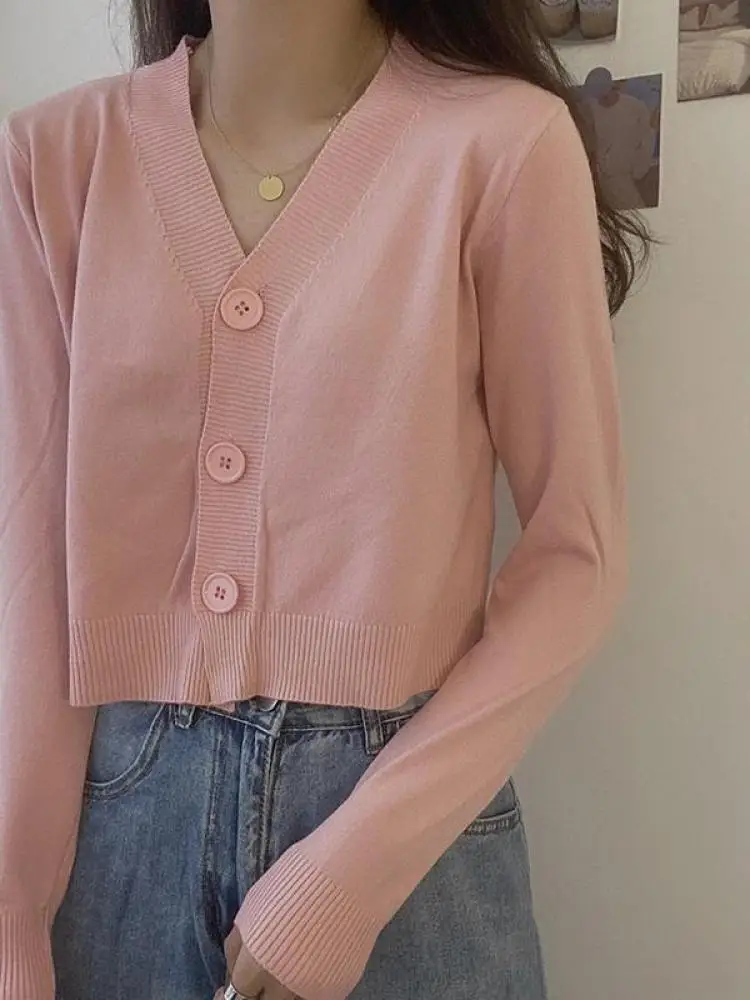 بلوفر نسائي بأزرار وأكمام طويلة ورقبة V ، كارديجان محبوك ، بلوزة قصيرة ، ملابس نسائية ، ملابس الشارع النحيف ، أحادي اللون ، الخريف ، الشتاء 5