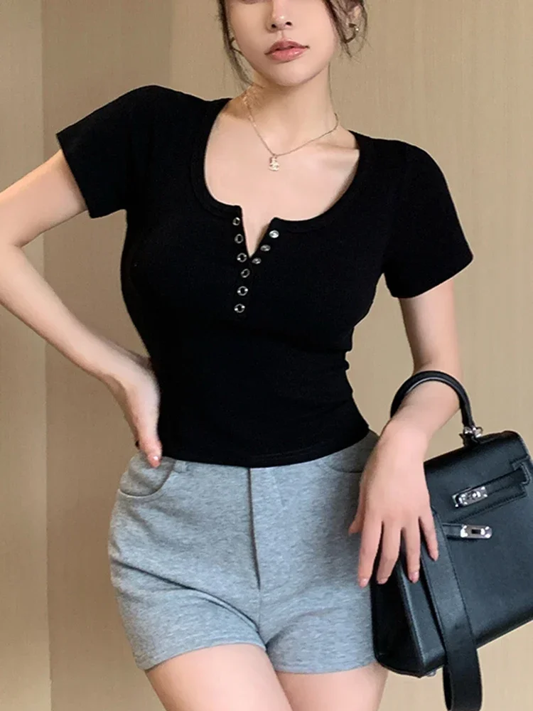 الكورية نمط المحاصيل الأعلى مضلع سليم التي شيرت امرأة القطن تي شيرت فام الصيف 2025 العصرية قصيرة الأكمام تي شيرت للمرأة س الرقبة 5