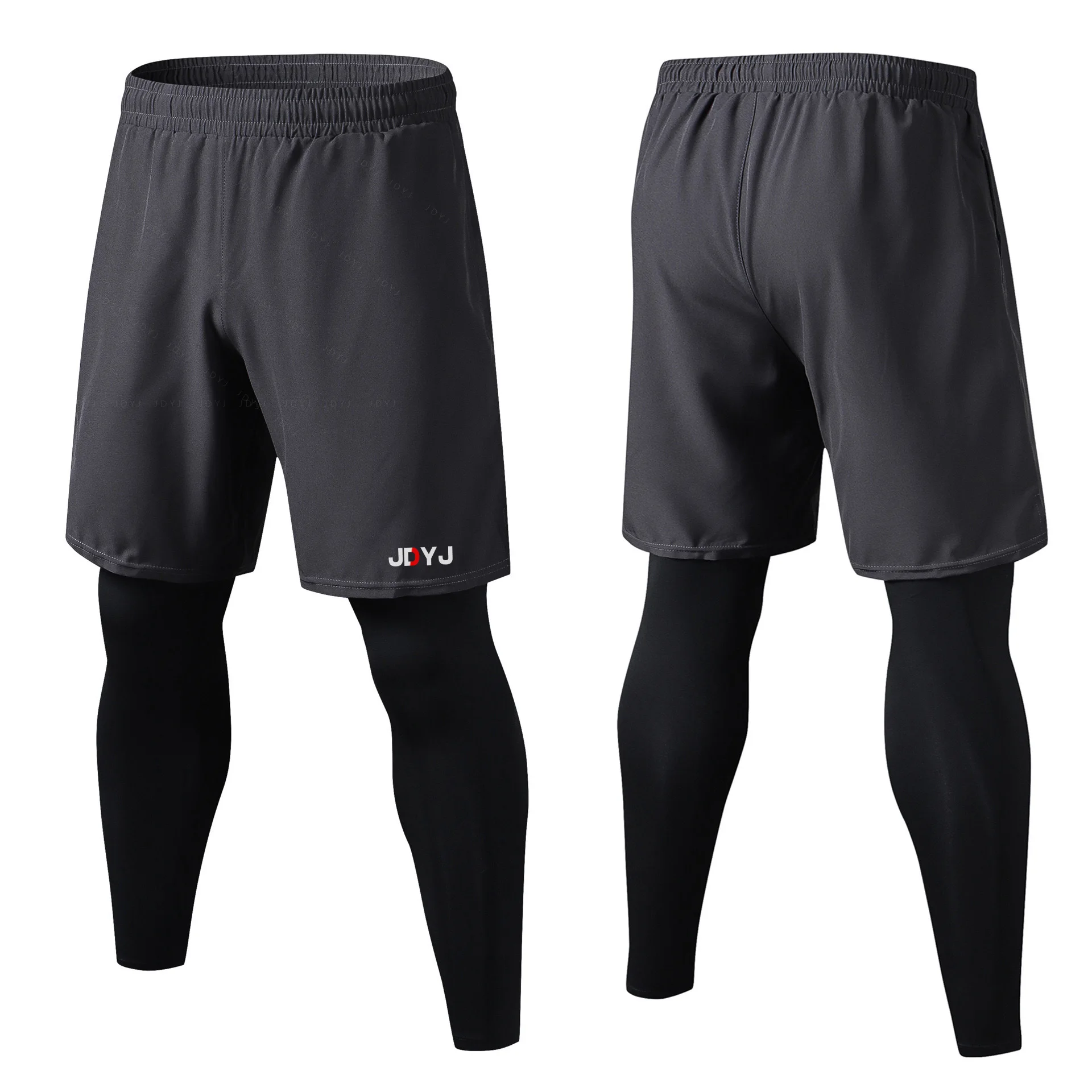 JDYJ High elasticity fake two-piece gym fitness pants, running breathable and loose fitting training, sports tight pants for men