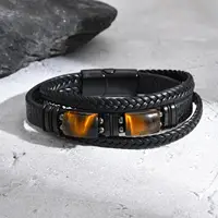 Chunky Leather Bracelet for Men Boys,Two Big Tiger Eye Natural Brown Stone Bracelets,Rock Punk Causal Jewelry Gifts