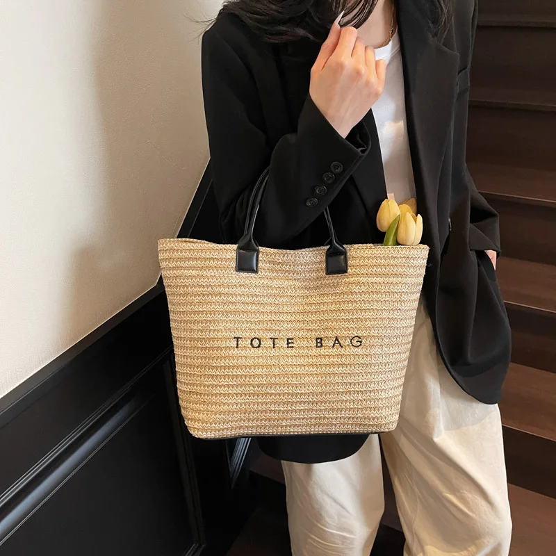 Women Straw Bag Summer Vacation Beach Tote Bag Fashion Woven Handbag Female Simple Travel Large Capacity Shoulder Bag