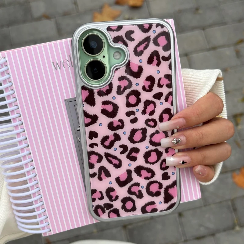 Custom Retro Pink Leopard Print Polka Dot Phone Case with Resin Finish