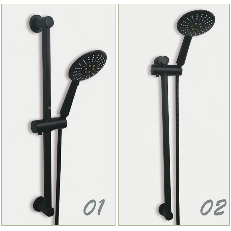 Wall Mounted Black Coating Shower Bar 3 Function Spray Hand Shower Head Stainless Steel Hose Adjustable Bathroom Sliding Bar Height Adjustable Shower Bar