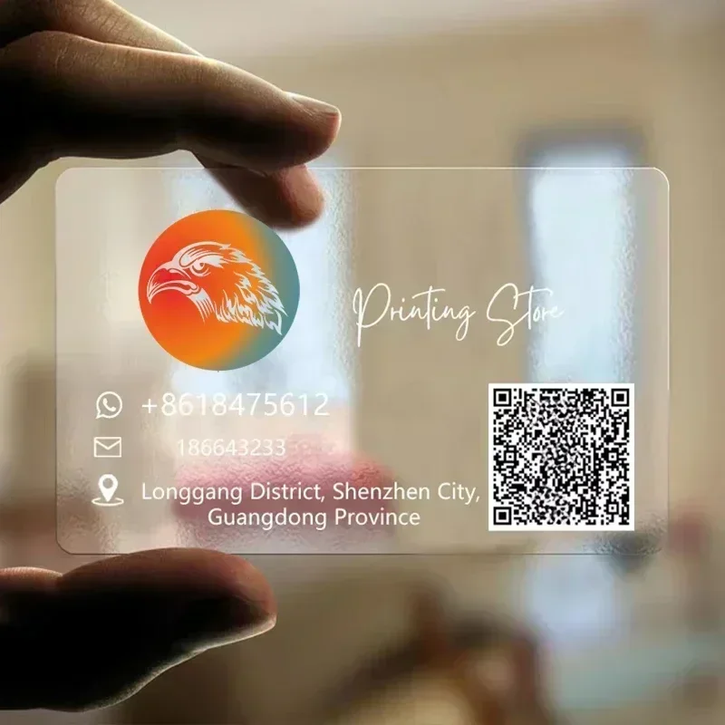 Carte de visite transparente en PVC, 100/200/500 pièces, impression colorée, texte de LOGO personnalisé, carte de remerciement, DESIGN gratuit 0.38mm