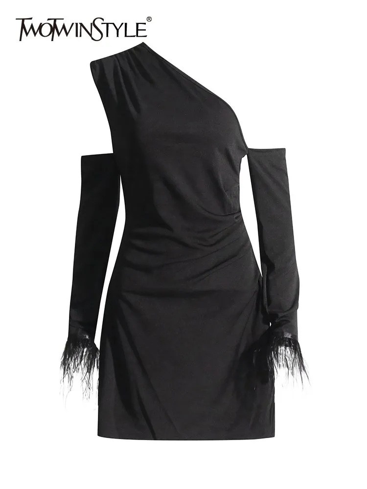 

TWOTWINSTYLE Patchwork Feathers Dresses For Women Diagonal Collar Long Sleeve Off Shoulder Minimalist Dress Female Fashion 2023