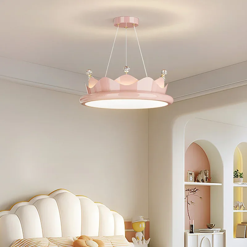 

Romantic Children's Room Chandeliers Cream Pink Crystal Crown Lamps Modern Warm Princess Baby Girl Bedroom Chandelier