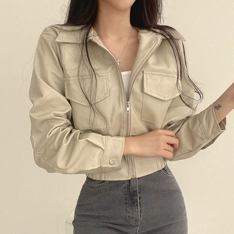 Cropped Women's Leather Jacket Spring Autumn 2024 New Fashion Cardigan Coat Tops Casual PU Leather Motorcycle Jackets mujer