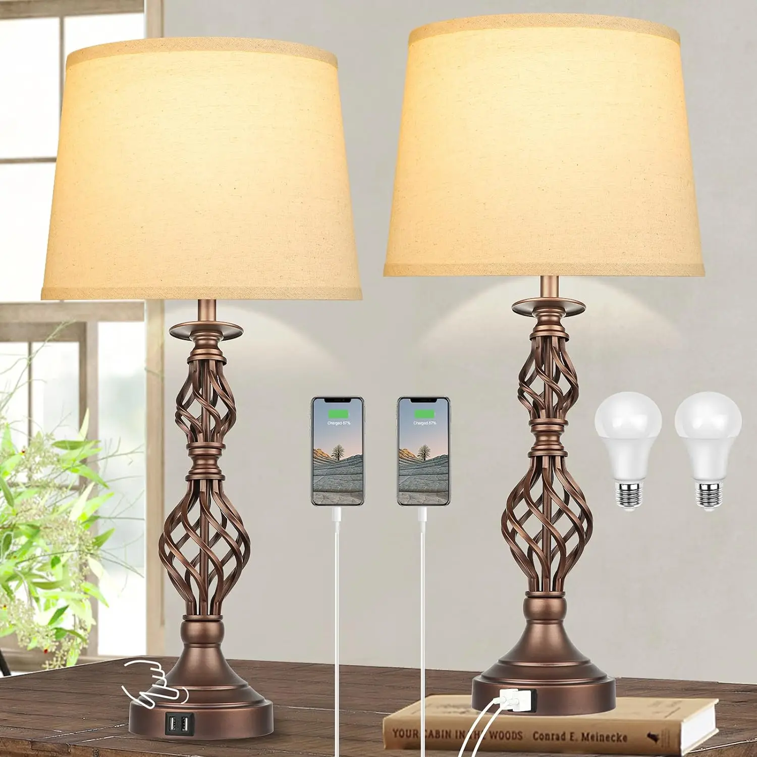 

Lamps Vintage Bedside Lamps with Dual USB Charging Ports Set of 2, Farmhouse Nightstand Lamps Retro with Dual Spiral Cage Desig