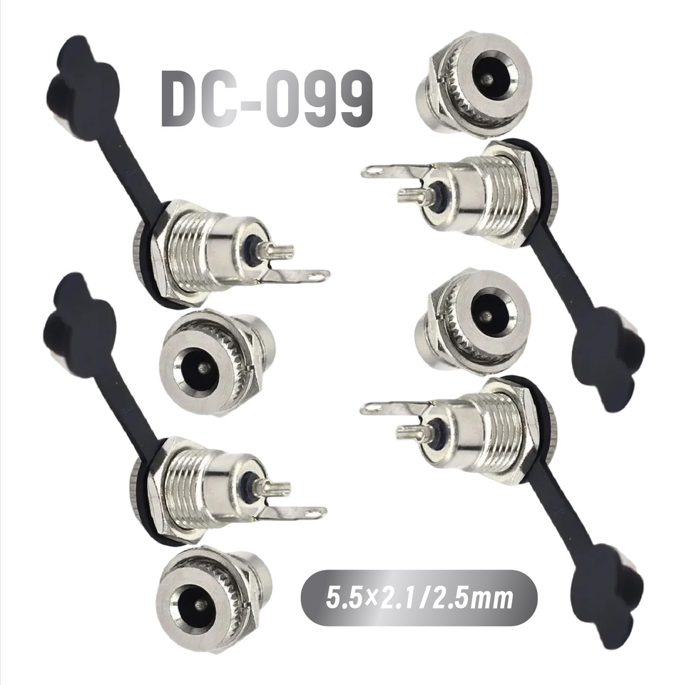 DC Power Jack Socket Connector with Waterproof Cap 5.5x 2.1/2.5mm DC-099 Female Panel Mount Metal Material Threaded