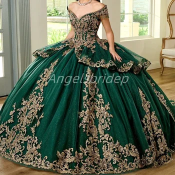 Angelsbridep Customized Emerald Green Ball Gown Quinceanera Dresses 2025 Glitter Tulle Sweet 16 Evening Dress Vestido De 15 Años
